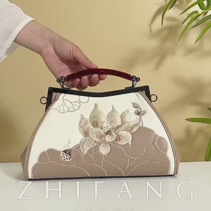 Lotus Embroidered Beige Leather Handbag with Vintage Kiss Lock
