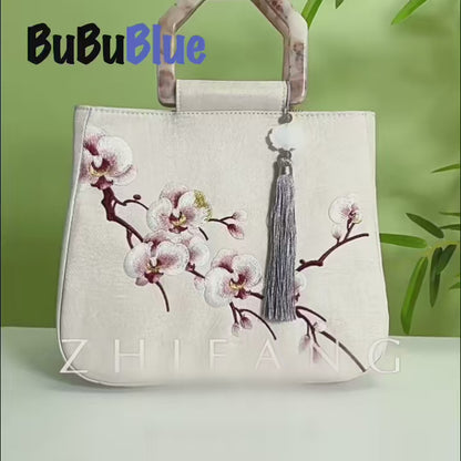 Moth Orchid Embroidered Tote Bag with Vintage Acrylic Handle