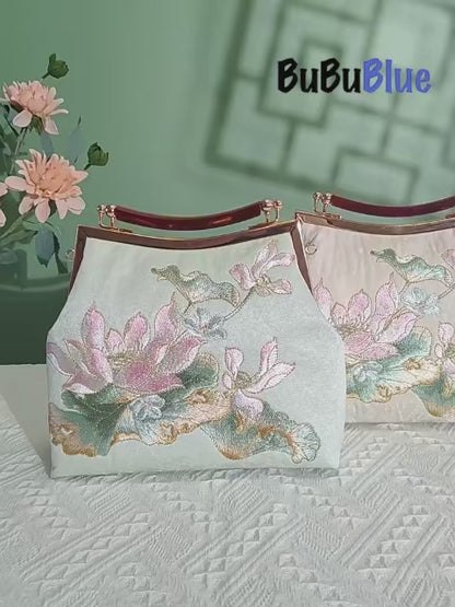 Embroidered Lotus Square Kiss-Lock Handbag with Acrylic Handle