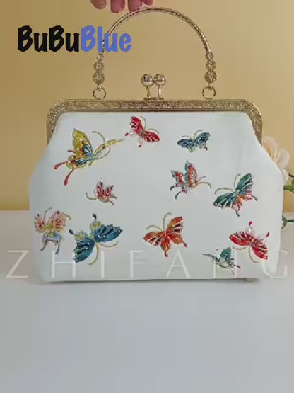 Butterfly Garden Embroidered Handbag with Vintage Metal Kiss-Lock