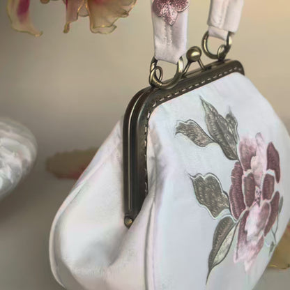 Vintage Begonia Embroidered Shell Satin Handbag with Pearl Chain