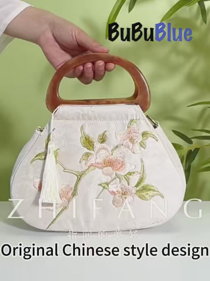 Peony Bloom White Embroidered Handbag with Wooden Handle