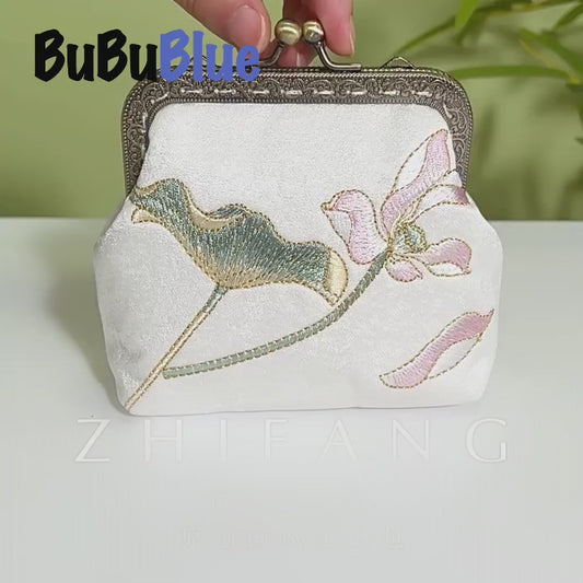 Mini Lotus Blossom Embroidered Coin Purse with Metal Kiss-Lock