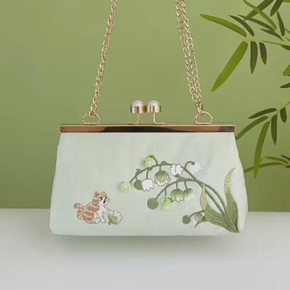 Vintage Lily of the Valley Embroidery Clutch Bag with Pearl Kiss Lock