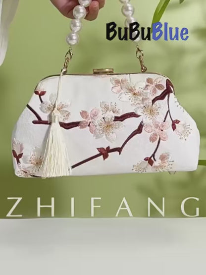 Plum Bossom Embroidered Beige White Vintage Handbag with Pearl Handle