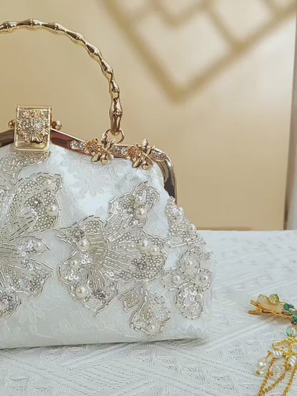White Floral Embroidery Evening Handbag