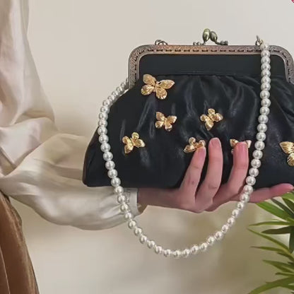 Vintage French Light Luxury Butterfly Embroidery Kiss Lock Black Evening Clutch