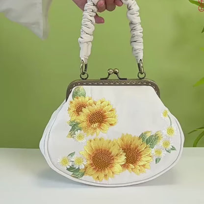 Sunflower Embroidered  Vintage Shell Purse with Kiss Lock