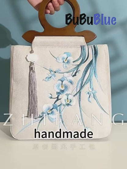 Phalaenopsis Whisper Embroidered Tote with Wooden Handle