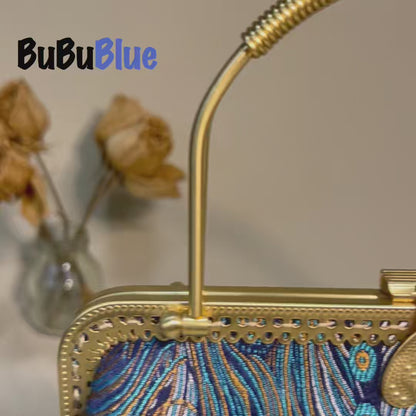 Peacock Blue Brocade Texture & Metal Handle Handbag