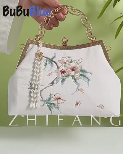 White Pear Blossom Embroidered Handbag with Pearl Tassel
