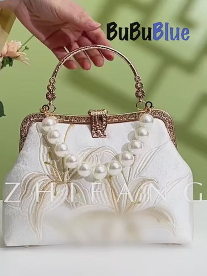 Lily Embroidered Pearl Handle Handbag with Metal Lock