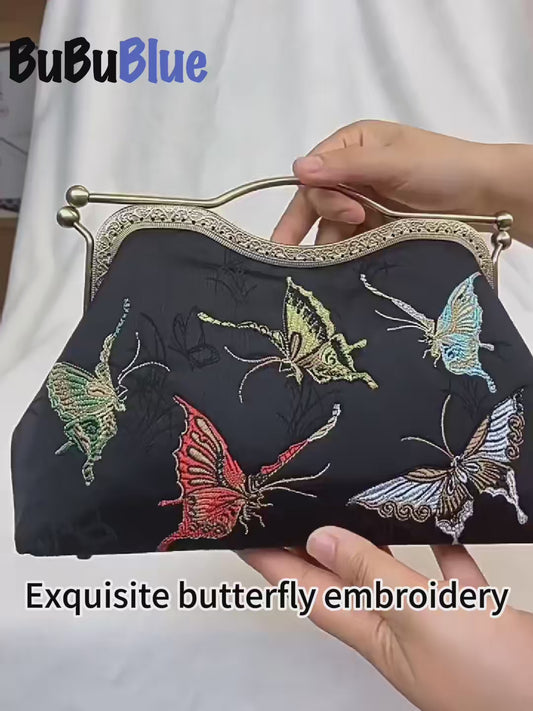 Vintage Butterfly Embroidered Handbag with Metal Kiss-Lock