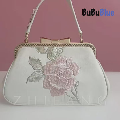 Vintage Begonia Embroidered Square Satin Handbag with Bow Lock