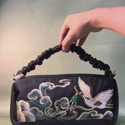 Black Crane Embroidered Handmade Evening Bag