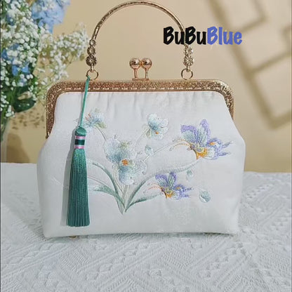 Butterfly Embroidered White Kiss-Lock Handbag
