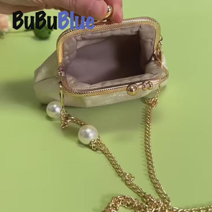Ginkgo Embroidered Mini Kiss-Lock Purse with Pearl Chain