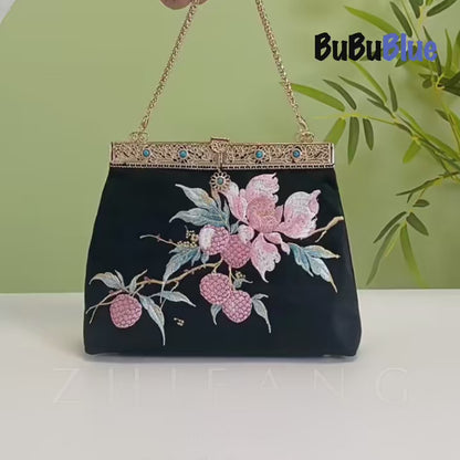 Vintage Lychee Embroidered Satin Handbag with Metal Beads