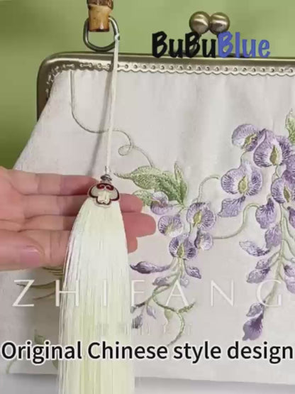 Swallow Embroidered Bamboo Handle Bag with Kiss-Lock