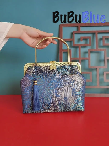 BUBUBLUE Handmade Peacock Blue Vintage Handbag Women Chinese Style Square Cheongsam Bag Luxury Dinner Bag