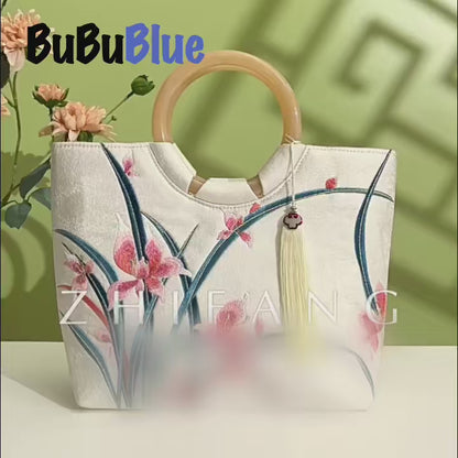 Large Capacity Orchid Bloom Embroidered Tote Bag with Acrylic Handle
