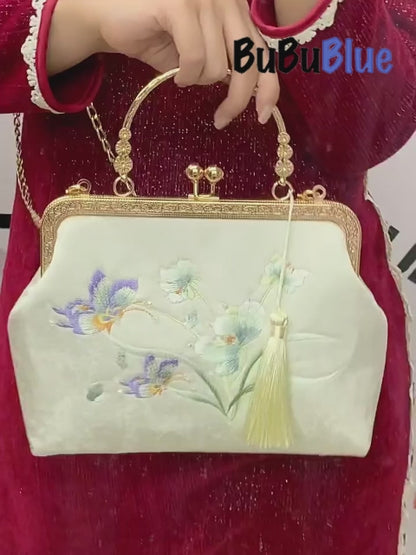 BUBUBLUE Chinese Style Butterfly Embroidered Vintage Handbag Square Cheongsam Handbag With Crossbody Chain