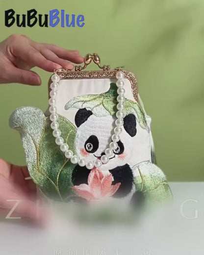 Cute Panda Embroidered Crossbody Bag with Pearl Strap