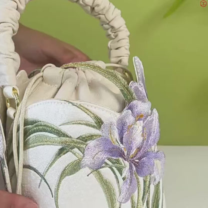 Purple Iris Embroidered Drawstring Bucket Bag