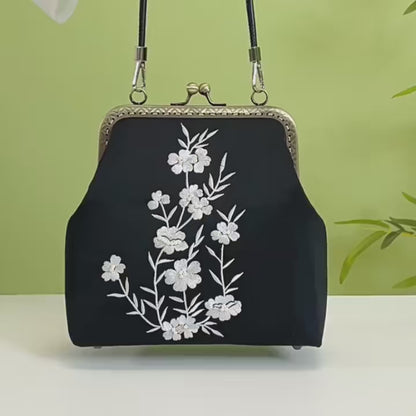 Milk Silk White Nightshade Embroidered Small Square Bag With Leather Handle