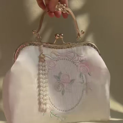 Vintage Rose Embroidered Handbag with Pearl Tassel & Gold Handle