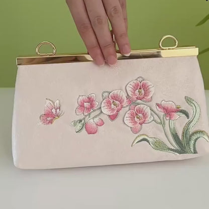 Orchid Vintage Embroidered Pink Handbag with Pearl Kiss