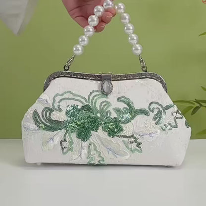 Emerald Green Floral Embroidered Clutch Bag With Pearl Handle