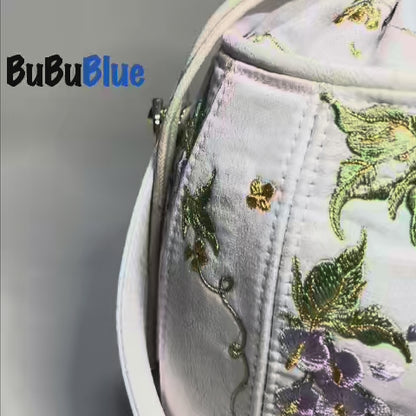 Wisteria Embroidered Drawstring Bucket Bag in Cream Satin