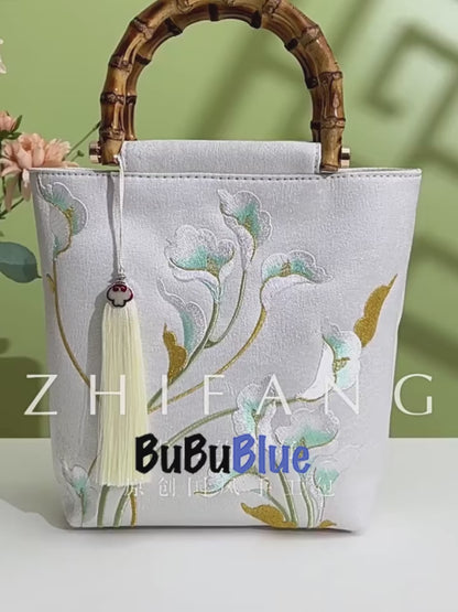 Embroidered Calla Lily Tote Bag with Wooden Handle