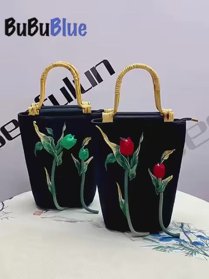 3D Rose Embroidered Black Tote Bag with Bamboo Handle