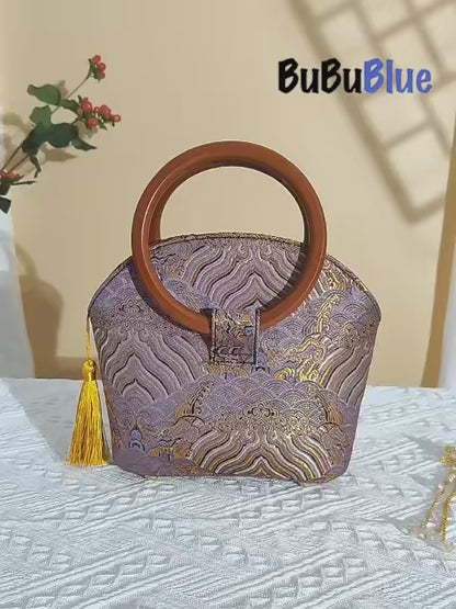 Brocade Shell Handbag with Wooden Ring Handle