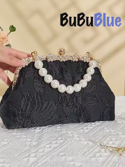 Floral Embroidered Pearl Handle Black Handbag