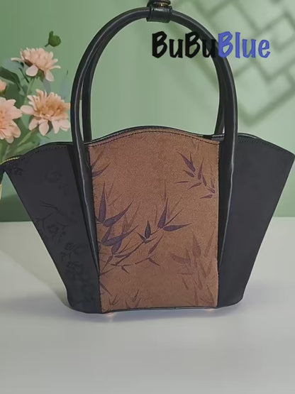 Bamboo Printed Black Colorblock Handbag