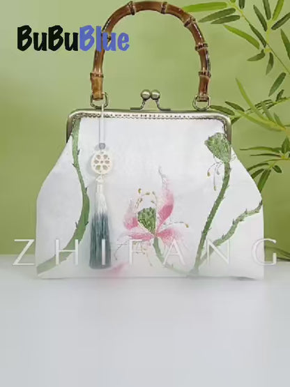 White Lotus Embroidered Handbag with Vintage Kiss Lock