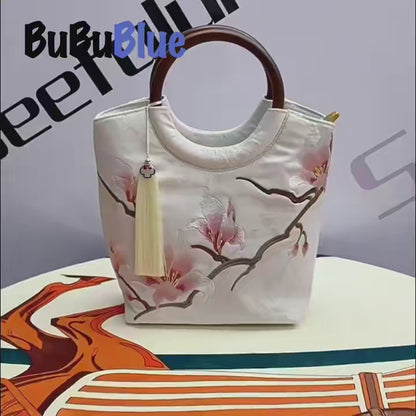 Magnolia Blossom Embroidered White Tote Bag