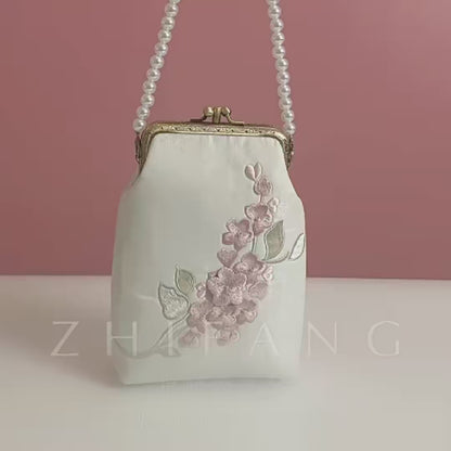 Begonia Embroidery Vintage Crossbody Phone Bag with Kiss Lock