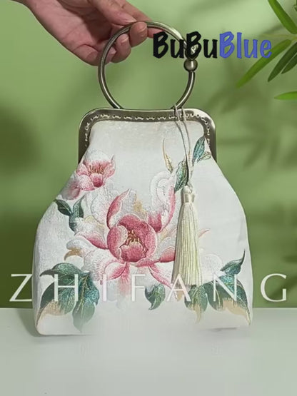 Peony Embroidered White Handbag with Metal Kiss-Lock