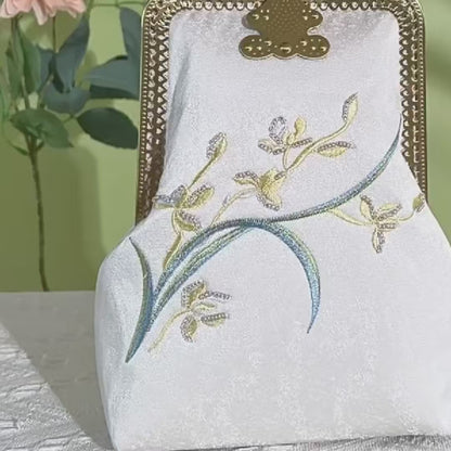 Orchid Embroidered Vintage White Evening Bag With Metal Handle