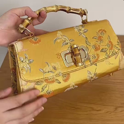 Vintage Gold Brocade Boston Evening Purse with Bamboo Handle