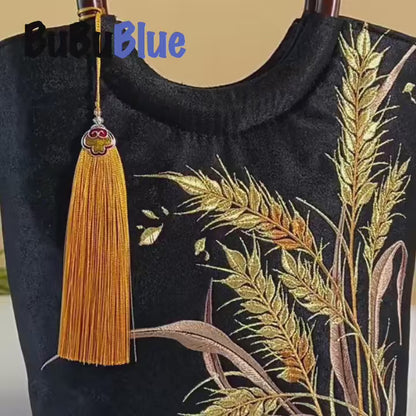 Golden Wheat Embroidered Tote Bag with Tassel
