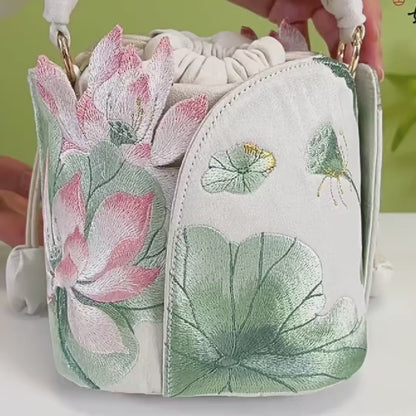 Lotus Embroidered Vintage Drawstring Green Bucket Bag with Soft Handle