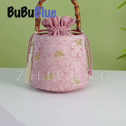 Golden Butterfly Embroidered Bucket Bag(Pink/Purple)