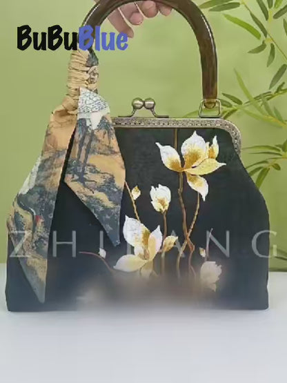 Floral Embroidered Kiss-Lock Handbag with Silk Scarf