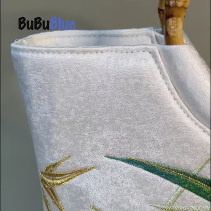 Bamboo Embroidered White Tote Bag with Bamboo Handle
