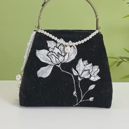 Black Lotus Embroidered Evening Bag with Pearl Trim Kiss Lock